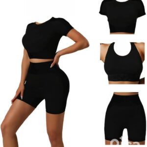 3 Piece Workout Set for Women with Crop Top, Sports Bra & High-Waisted Shorts, Women Workout Set Gym Clothes for Woman