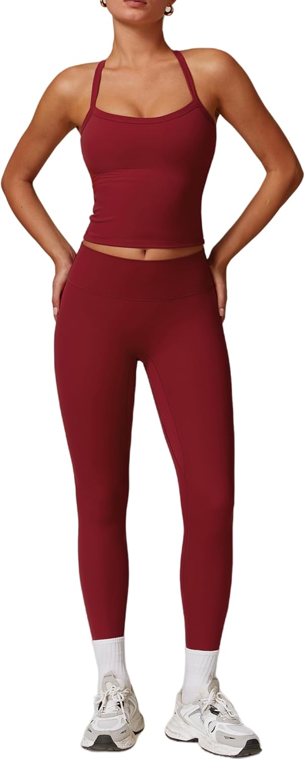 ABEHIK Workout Sets for Women 2 Piece Sports Bra Tank Top High Waist Booty Lifting Leggings Gym Yoga Active Wear Outfits - Image 6