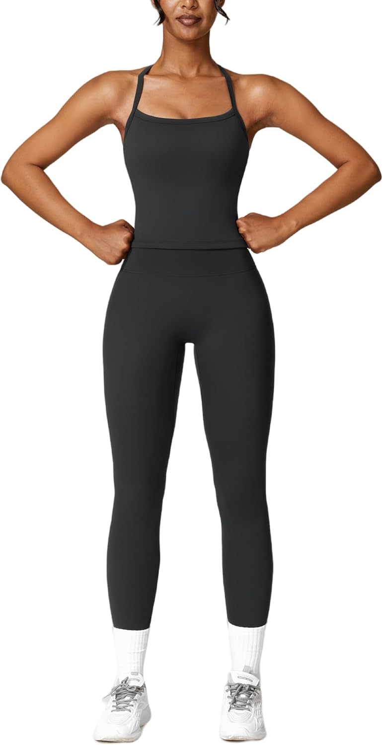 ABEHIK Workout Sets for Women 2 Piece Sports Bra Tank Top High Waist Booty Lifting Leggings Gym Yoga Active Wear Outfits - Image 9