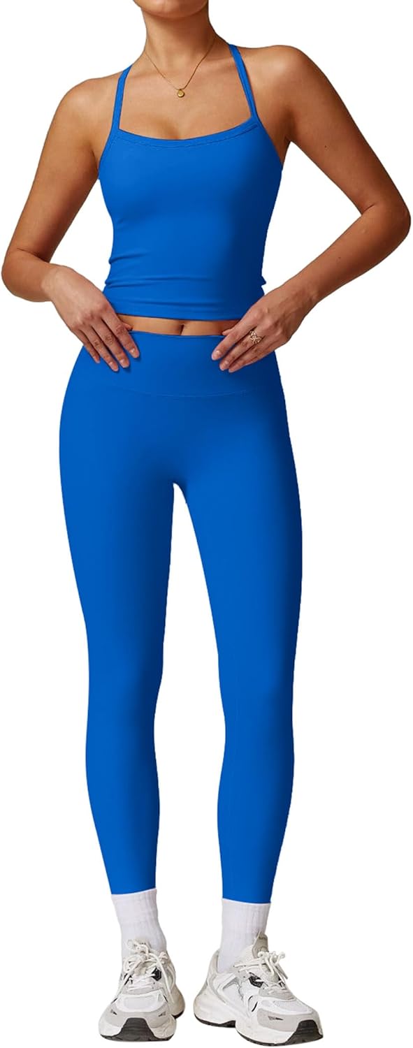 ABEHIK Workout Sets for Women 2 Piece Sports Bra Tank Top High Waist Booty Lifting Leggings Gym Yoga Active Wear Outfits