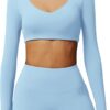 ABOCIW Women Square Neck Long Sleeve Workout Crop Top Low Medium Impact Athletic Yoga Gym Shirts with Built in Bra(ONLY TOP)