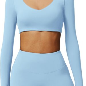 ABOCIW Women Square Neck Long Sleeve Workout Crop Top Low Medium Impact Athletic Yoga Gym Shirts with Built in Bra(ONLY TOP)