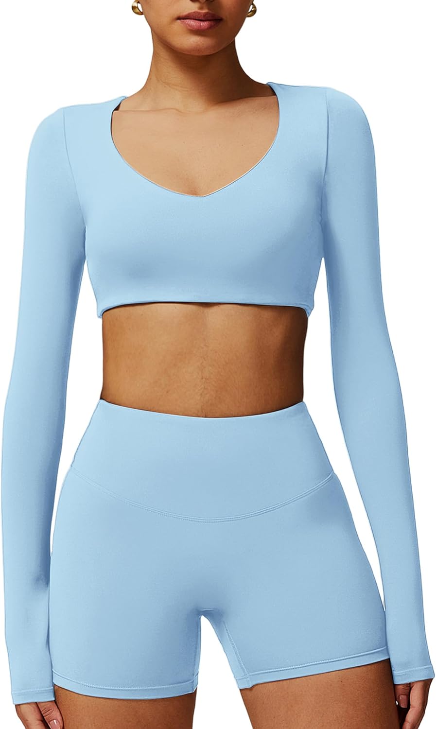 ABOCIW Women Square Neck Long Sleeve Workout Crop Top Low Medium Impact Athletic Yoga Gym Shirts with Built in Bra(ONLY TOP)