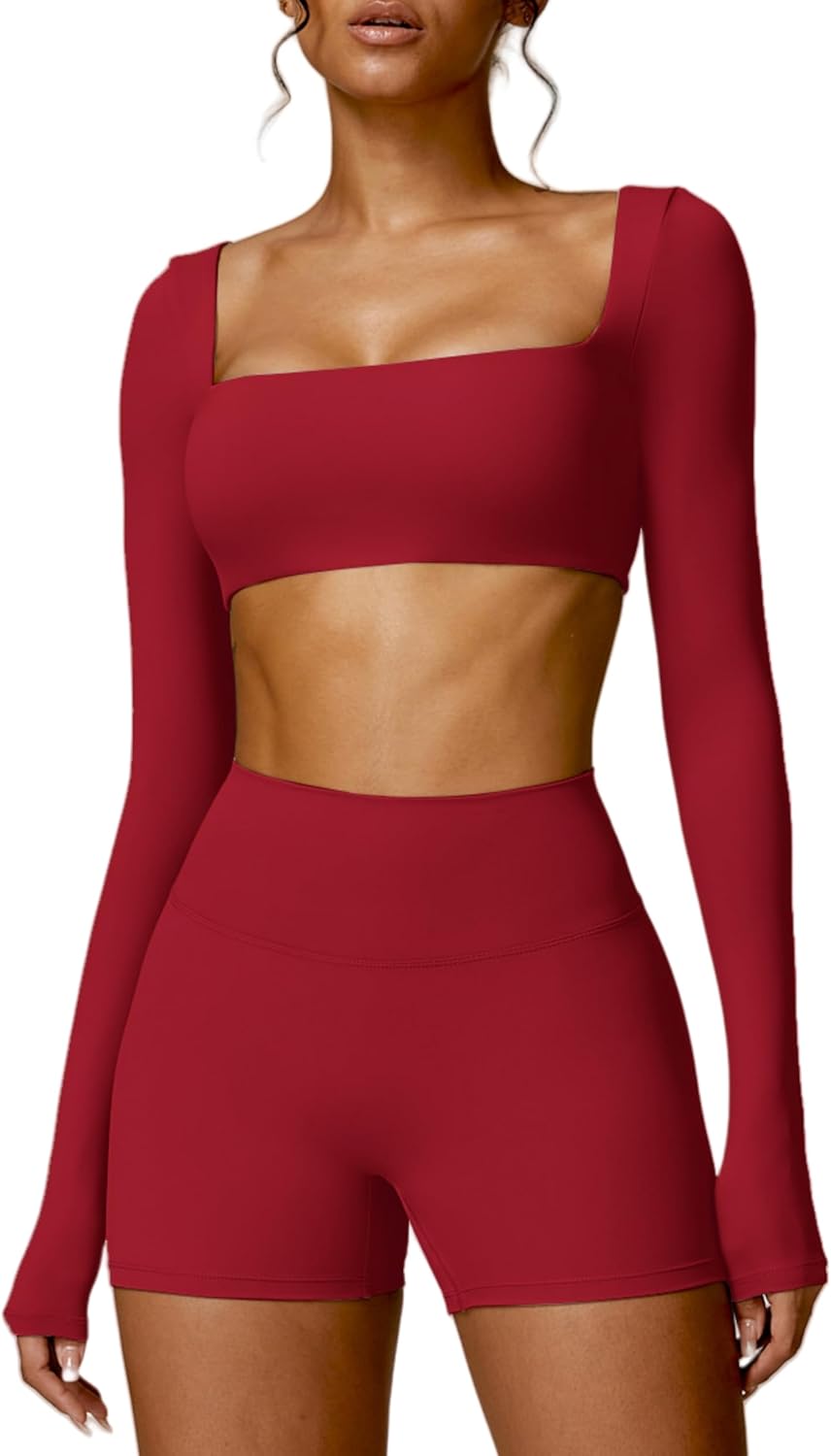 ABOCIW Women Square Neck Long Sleeve Workout Crop Top Low Medium Impact Athletic Yoga Gym Shirts with Built in Bra(ONLY TOP) - Image 11