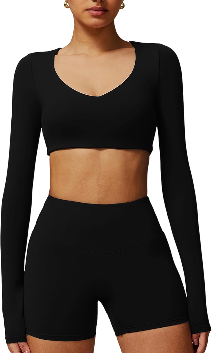 ABOCIW Women Square Neck Long Sleeve Workout Crop Top Low Medium Impact Athletic Yoga Gym Shirts with Built in Bra(ONLY TOP) - Image 12