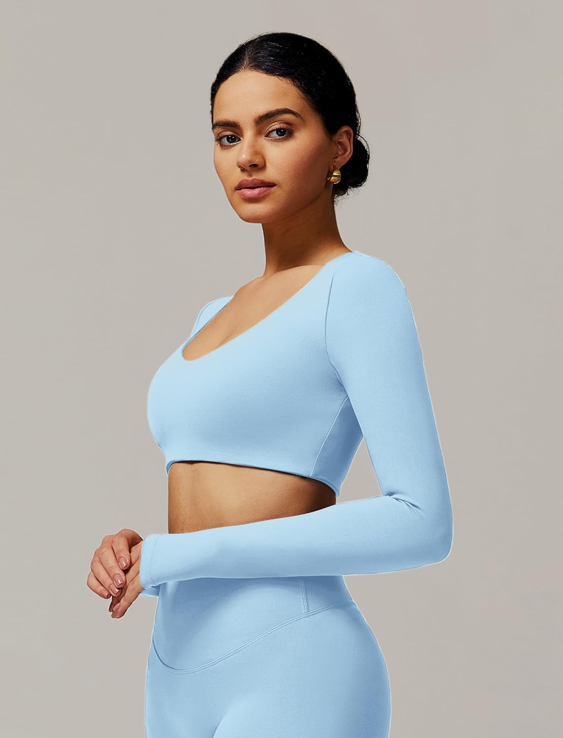 ABOCIW Women Square Neck Long Sleeve Workout Crop Top Low Medium Impact Athletic Yoga Gym Shirts with Built in Bra(ONLY TOP) - Image 3