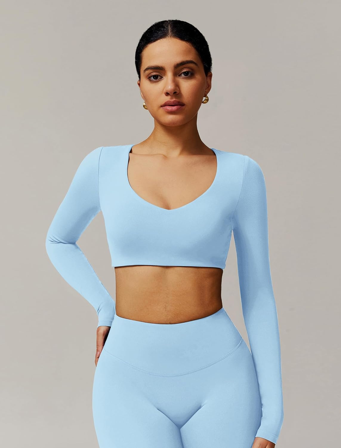 ABOCIW Women Square Neck Long Sleeve Workout Crop Top Low Medium Impact Athletic Yoga Gym Shirts with Built in Bra(ONLY TOP) - Image 4