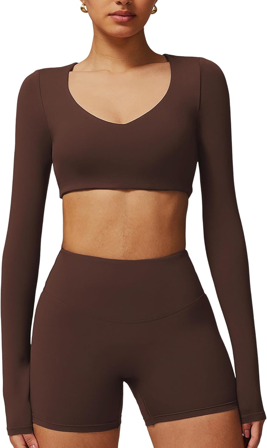 ABOCIW Women Square Neck Long Sleeve Workout Crop Top Low Medium Impact Athletic Yoga Gym Shirts with Built in Bra(ONLY TOP) - Image 9