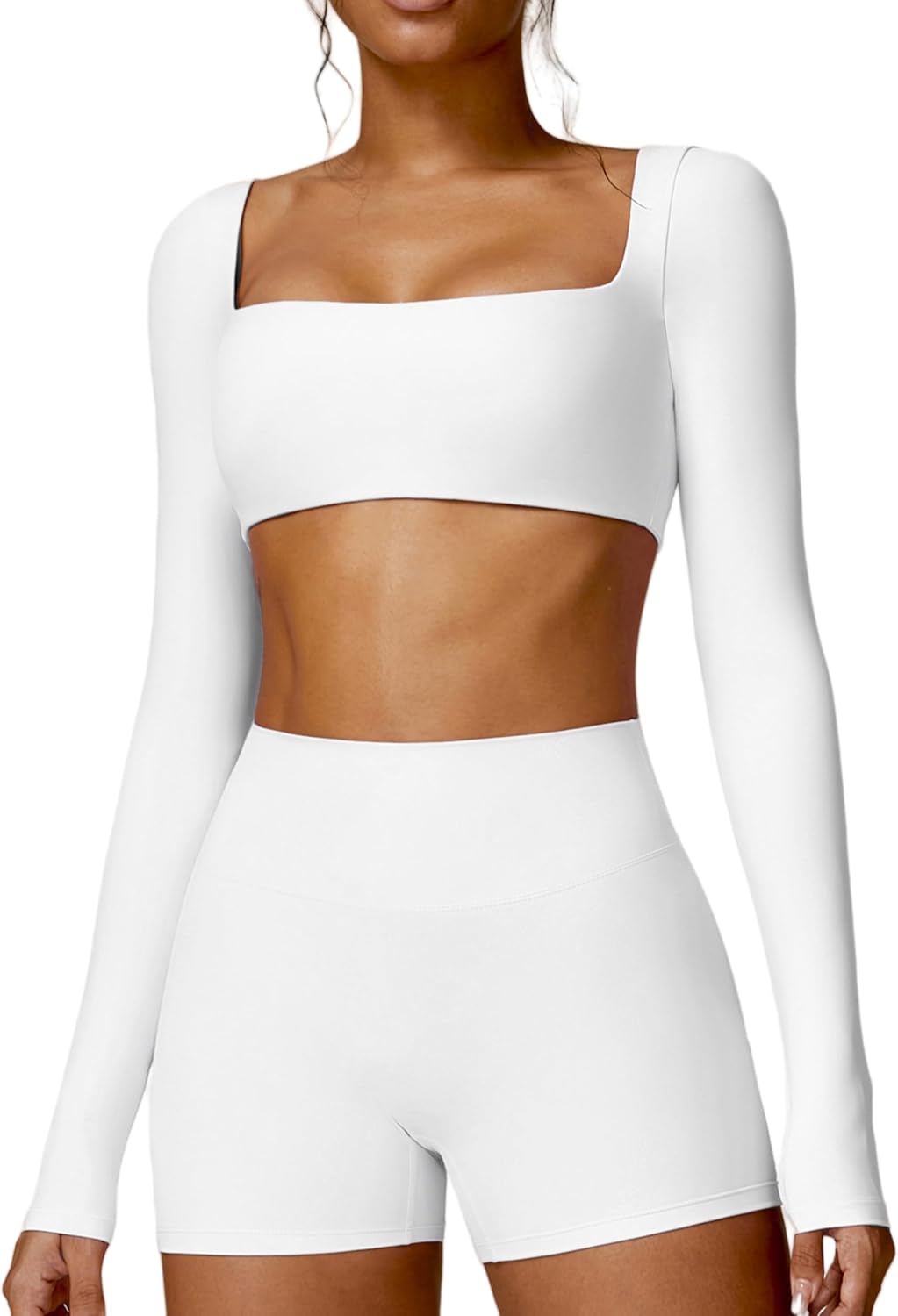 ABOCIW Women Square Neck Long Sleeve Workout Crop Top Low Medium Impact Athletic Yoga Gym Shirts with Built in Bra(ONLY TOP) - Image 19