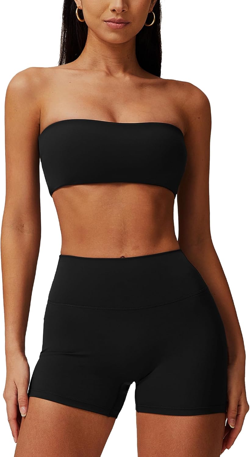 ABOCIW Women Workout Sets Bandeau Bralette Sports Bra Scrunch Butt Lifting High Waist Shorts 2 Piece Gym Yoga Outfits - Image 18