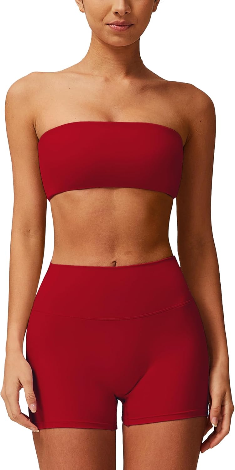 ABOCIW Women Workout Sets Bandeau Bralette Sports Bra Scrunch Butt Lifting High Waist Shorts 2 Piece Gym Yoga Outfits - Image 10