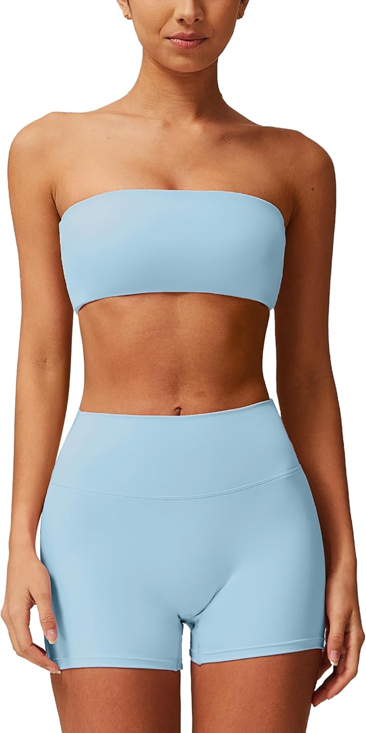 ABOCIW Women Workout Sets Bandeau Bralette Sports Bra Scrunch Butt Lifting High Waist Shorts 2 Piece Gym Yoga Outfits - Image 11