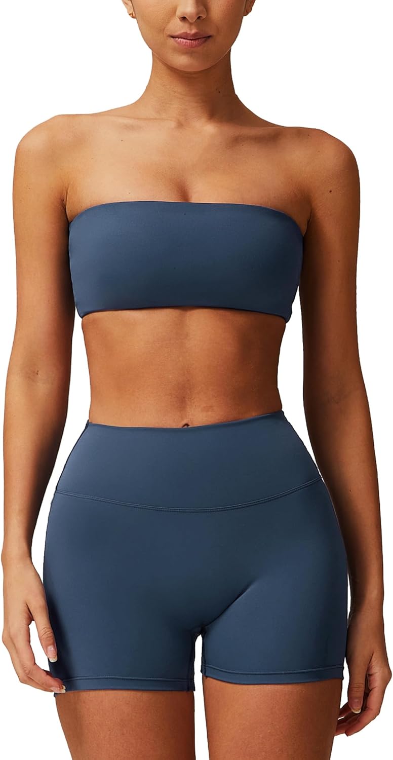 ABOCIW Women Workout Sets Bandeau Bralette Sports Bra Scrunch Butt Lifting High Waist Shorts 2 Piece Gym Yoga Outfits - Image 15