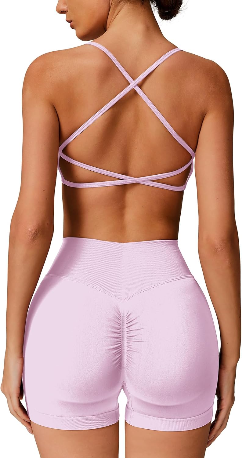 ABOCIW Womens Seamless Workout Sets Backless Sports Bra Scrunch Butt High Waist Gym Shorts 2 Piece Outfits - Image 10