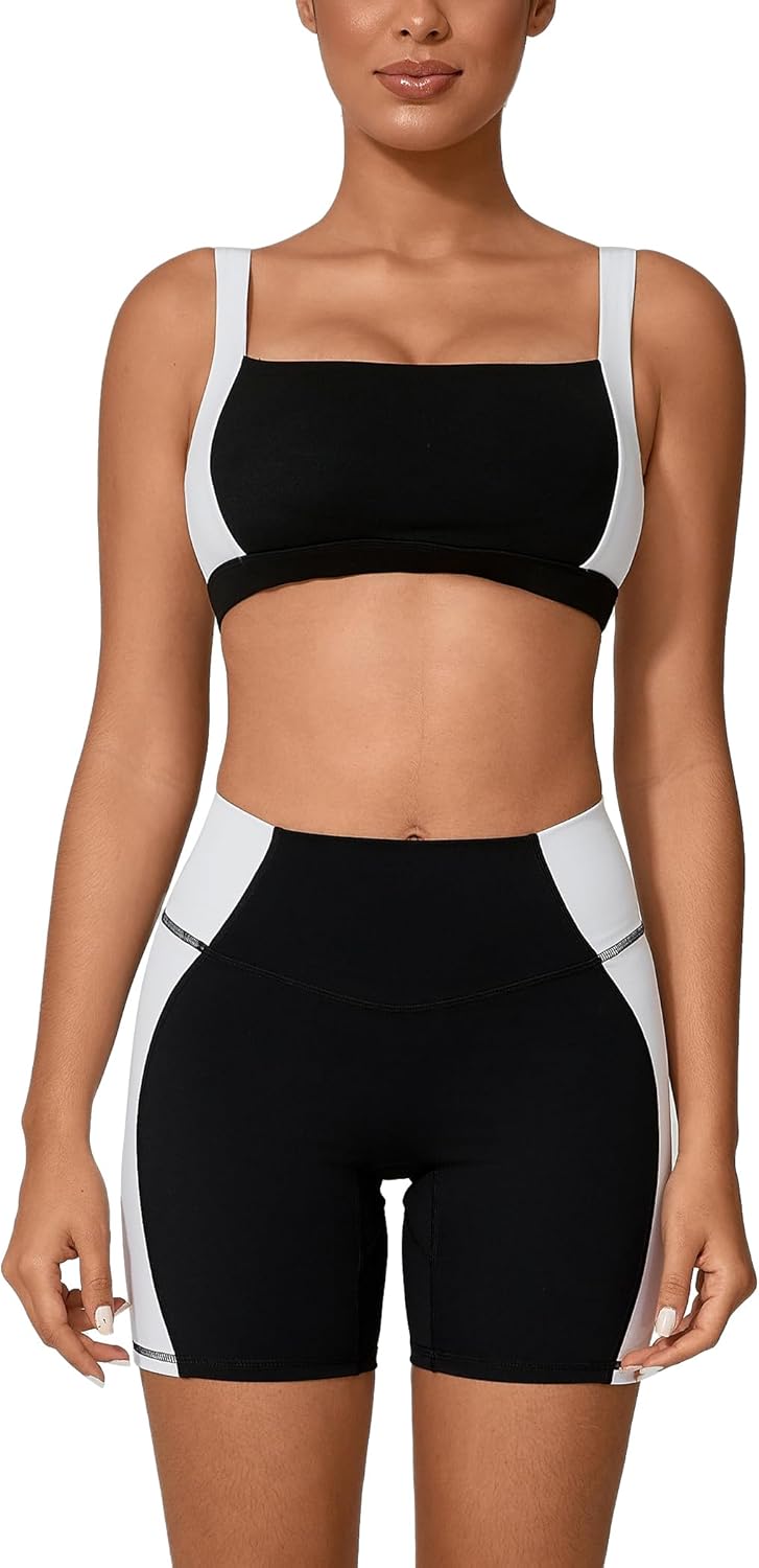 ABOCIW Workout Sets for Women 2 Piece Color Block Square Neck Sports Bra Higg Waist Biker Shorts Gym Yoga Outfits - Image 9
