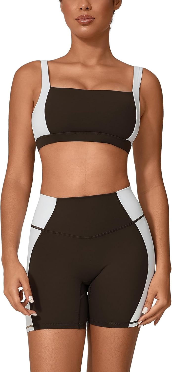 ABOCIW Workout Sets for Women 2 Piece Color Block Square Neck Sports Bra Higg Waist Biker Shorts Gym Yoga Outfits - Image 8