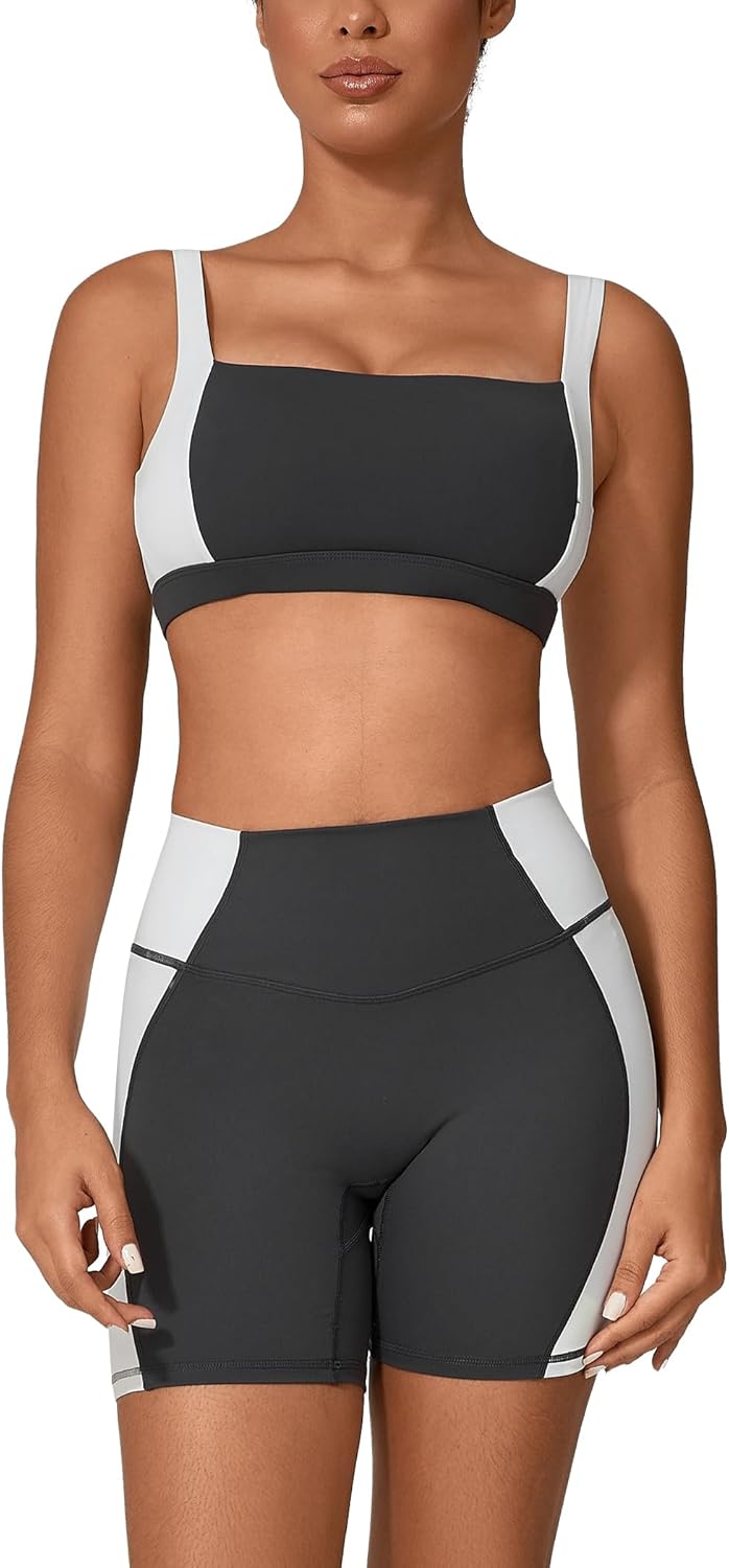 ABOCIW Workout Sets for Women 2 Piece Color Block Square Neck Sports Bra Higg Waist Biker Shorts Gym Yoga Outfits