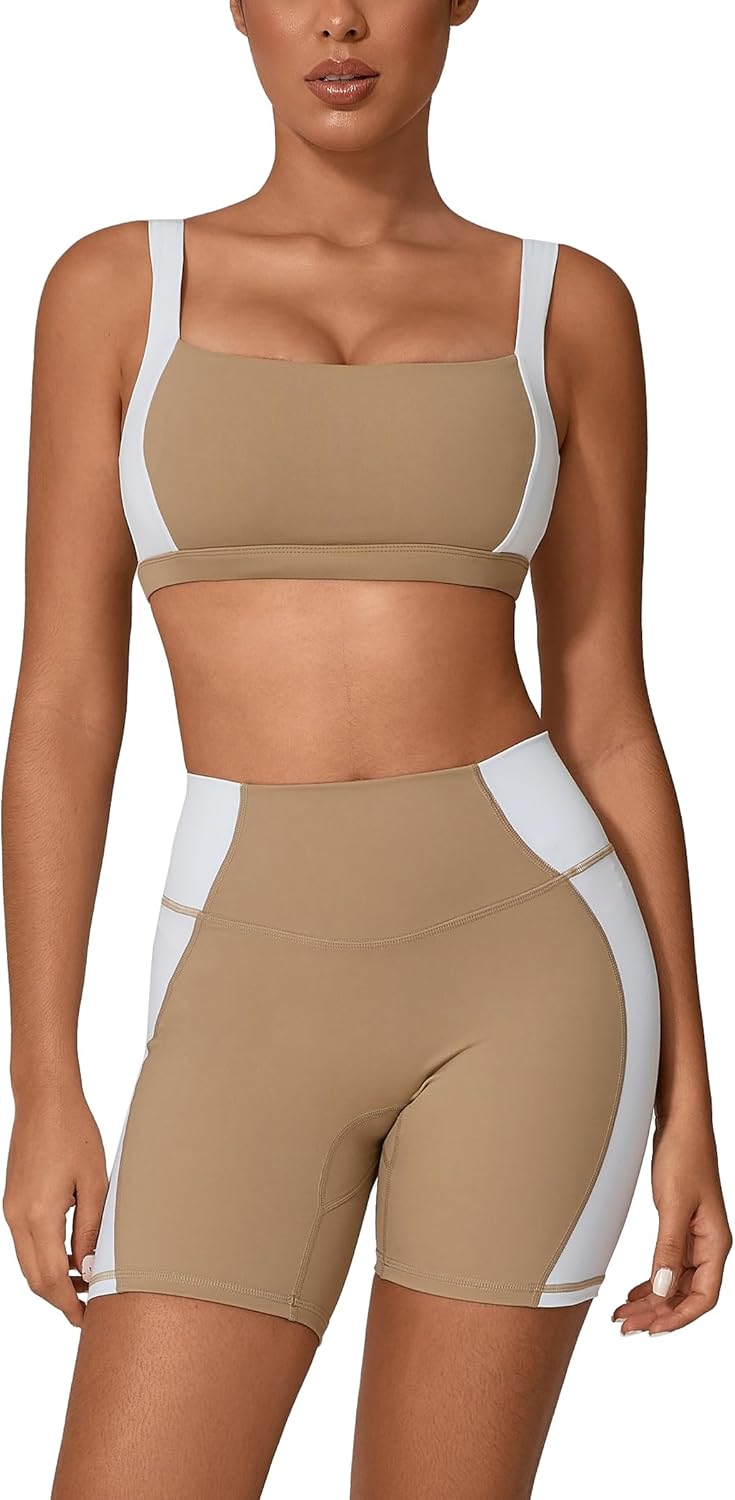 ABOCIW Workout Sets for Women 2 Piece Color Block Square Neck Sports Bra Higg Waist Biker Shorts Gym Yoga Outfits - Image 10