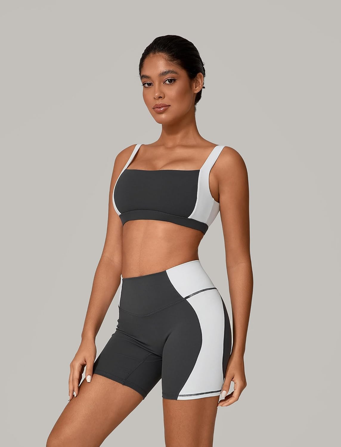 ABOCIW Workout Sets for Women 2 Piece Color Block Square Neck Sports Bra Higg Waist Biker Shorts Gym Yoga Outfits - Image 3