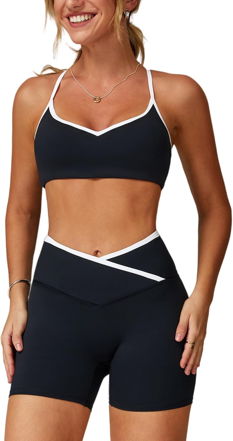 ABOCIW Workout Sets for Women 2 Piece Color Block Strappy Sports Bra Crossover High Waist Shorts Gym Yoga Pilates Outfits - Image 7