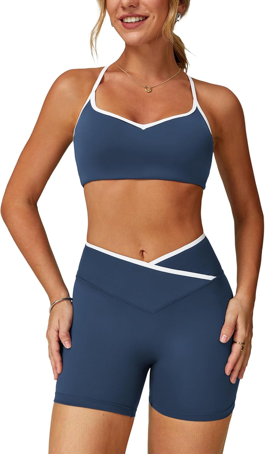 ABOCIW Workout Sets for Women 2 Piece Color Block Strappy Sports Bra Crossover High Waist Shorts Gym Yoga Pilates Outfits - Image 10