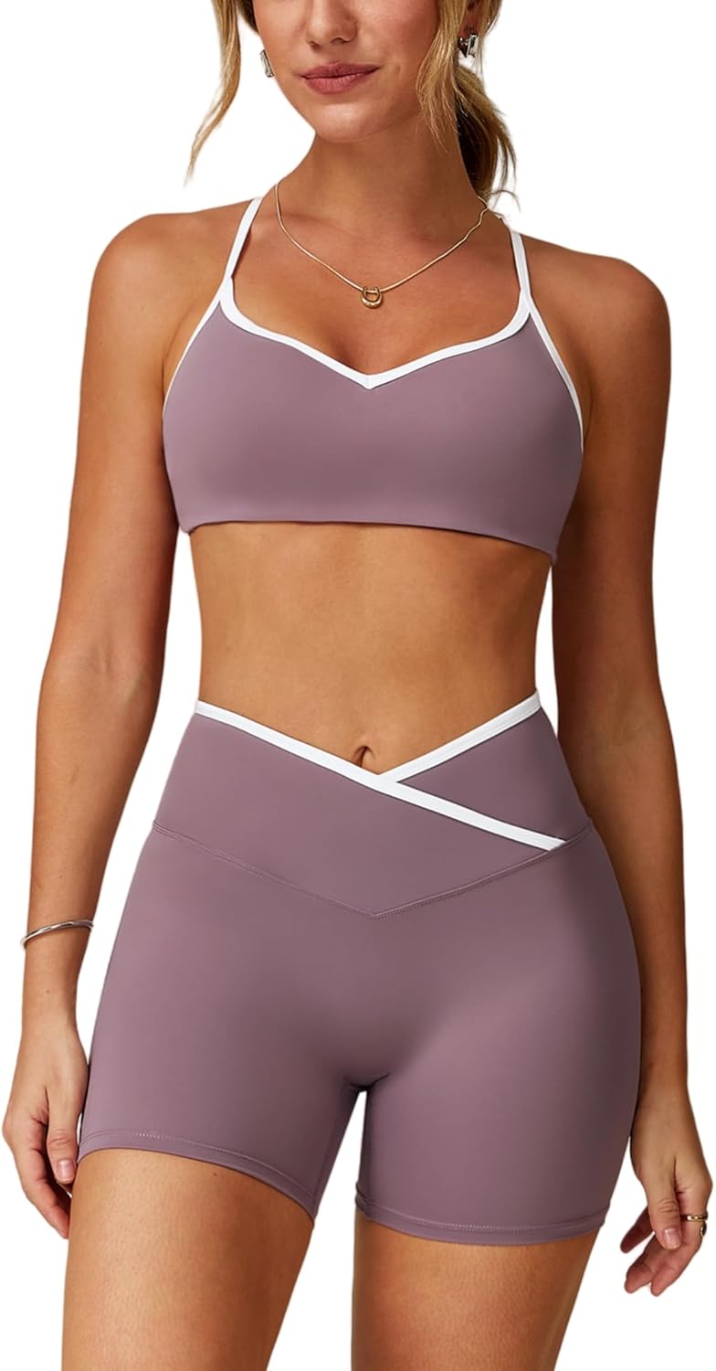 ABOCIW Workout Sets for Women 2 Piece Color Block Strappy Sports Bra Crossover High Waist Shorts Gym Yoga Pilates Outfits - Image 8