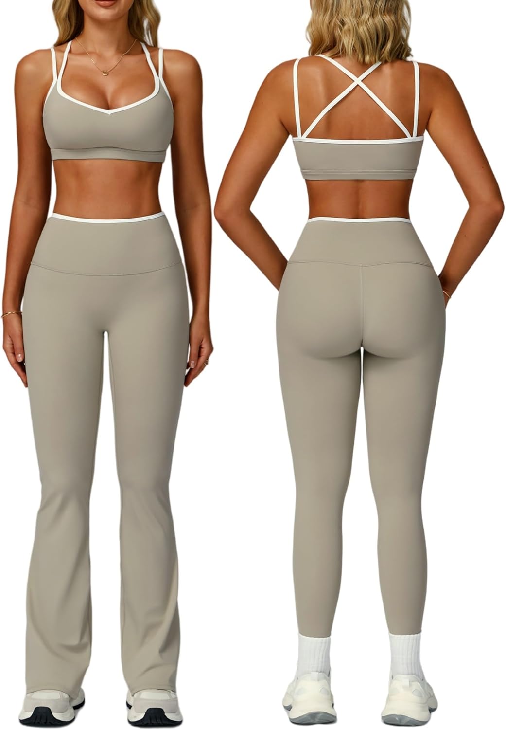 ABOCIW Workout Sets for Women 2 Piece Color Block Strappy Sports Bra High Waist Flare Leggings Gym Yoga Pilates Outfits - Image 7