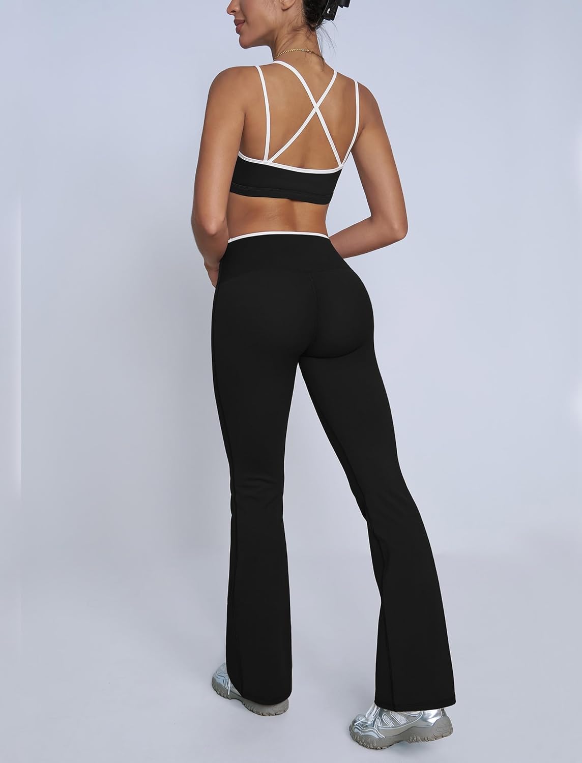 ABOCIW Workout Sets for Women 2 Piece Color Block Strappy Sports Bra High Waist Flare Leggings Gym Yoga Pilates Outfits - Image 2