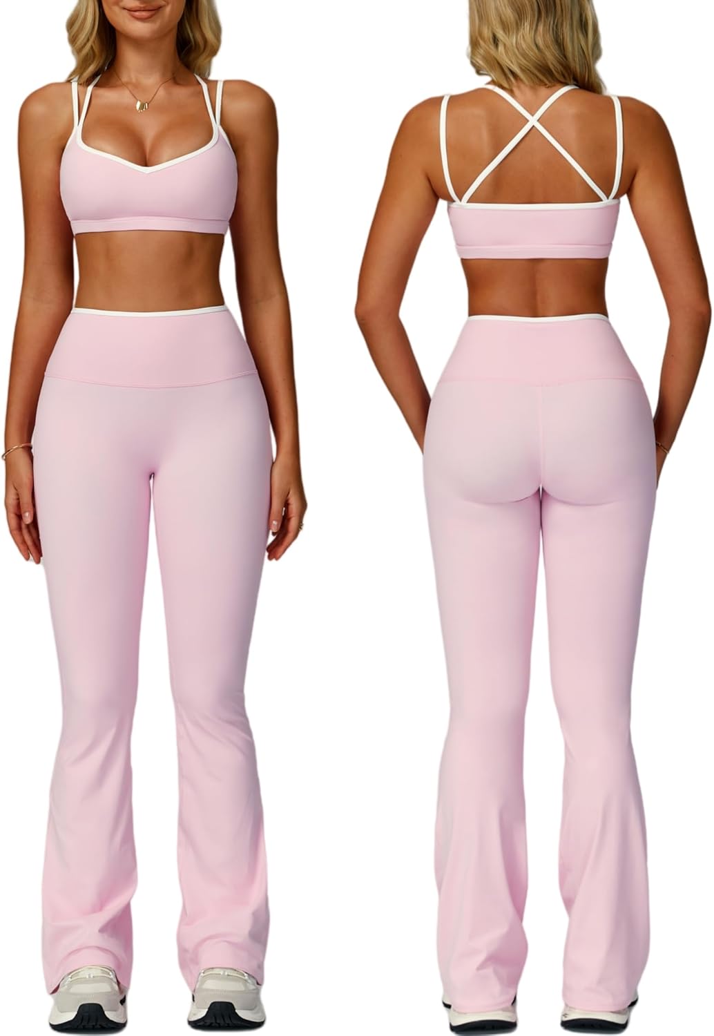 ABOCIW Workout Sets for Women 2 Piece Color Block Strappy Sports Bra High Waist Flare Leggings Gym Yoga Pilates Outfits - Image 9