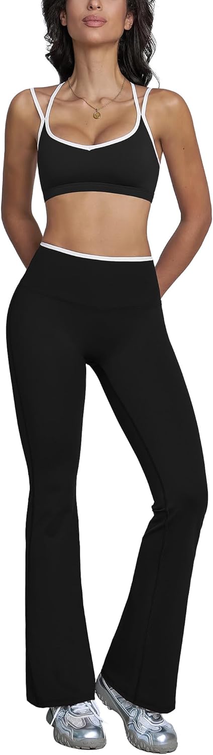 ABOCIW Workout Sets for Women 2 Piece Color Block Strappy Sports Bra High Waist Flare Leggings Gym Yoga Pilates Outfits