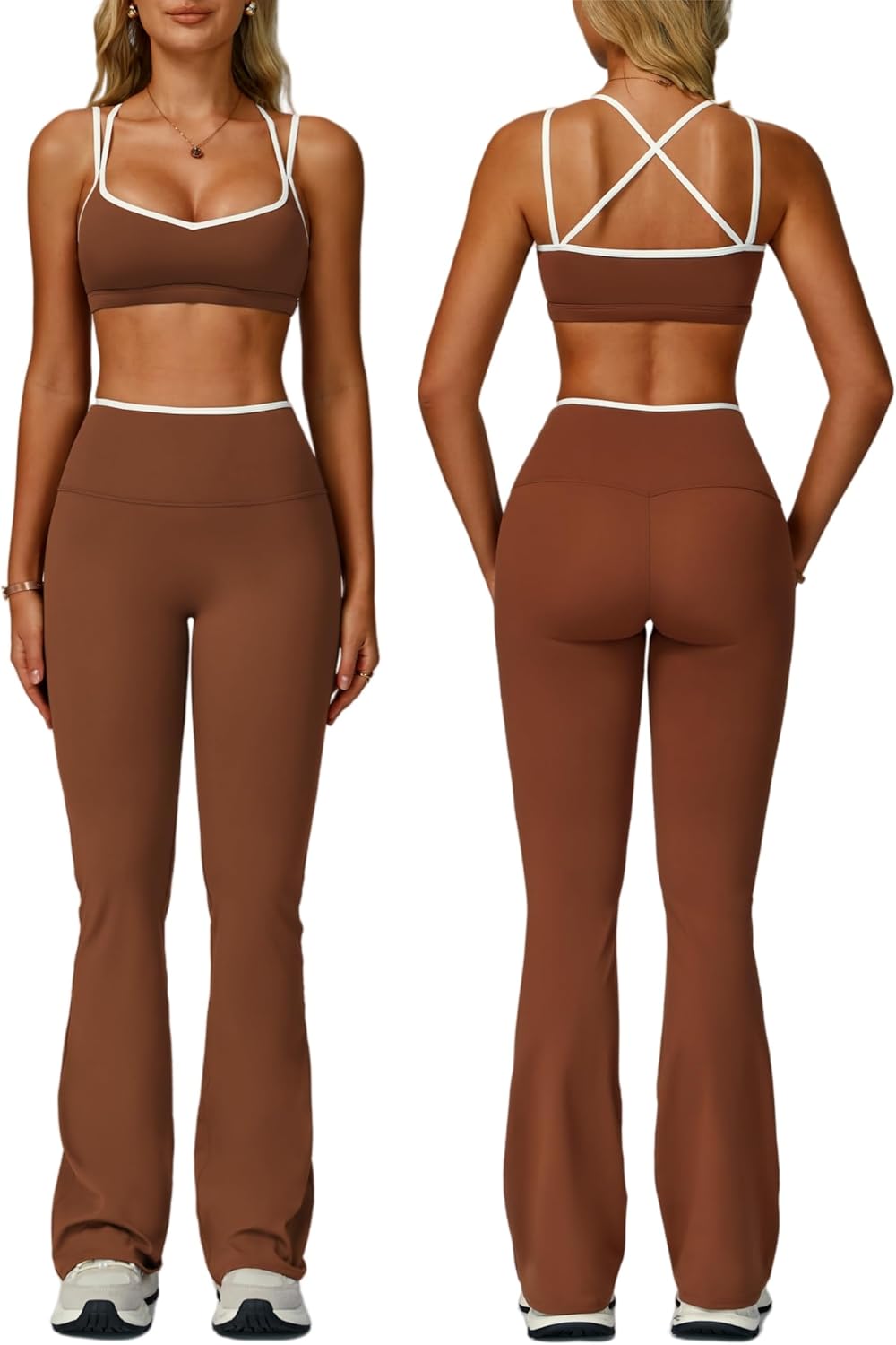 ABOCIW Workout Sets for Women 2 Piece Color Block Strappy Sports Bra High Waist Flare Leggings Gym Yoga Pilates Outfits - Image 8