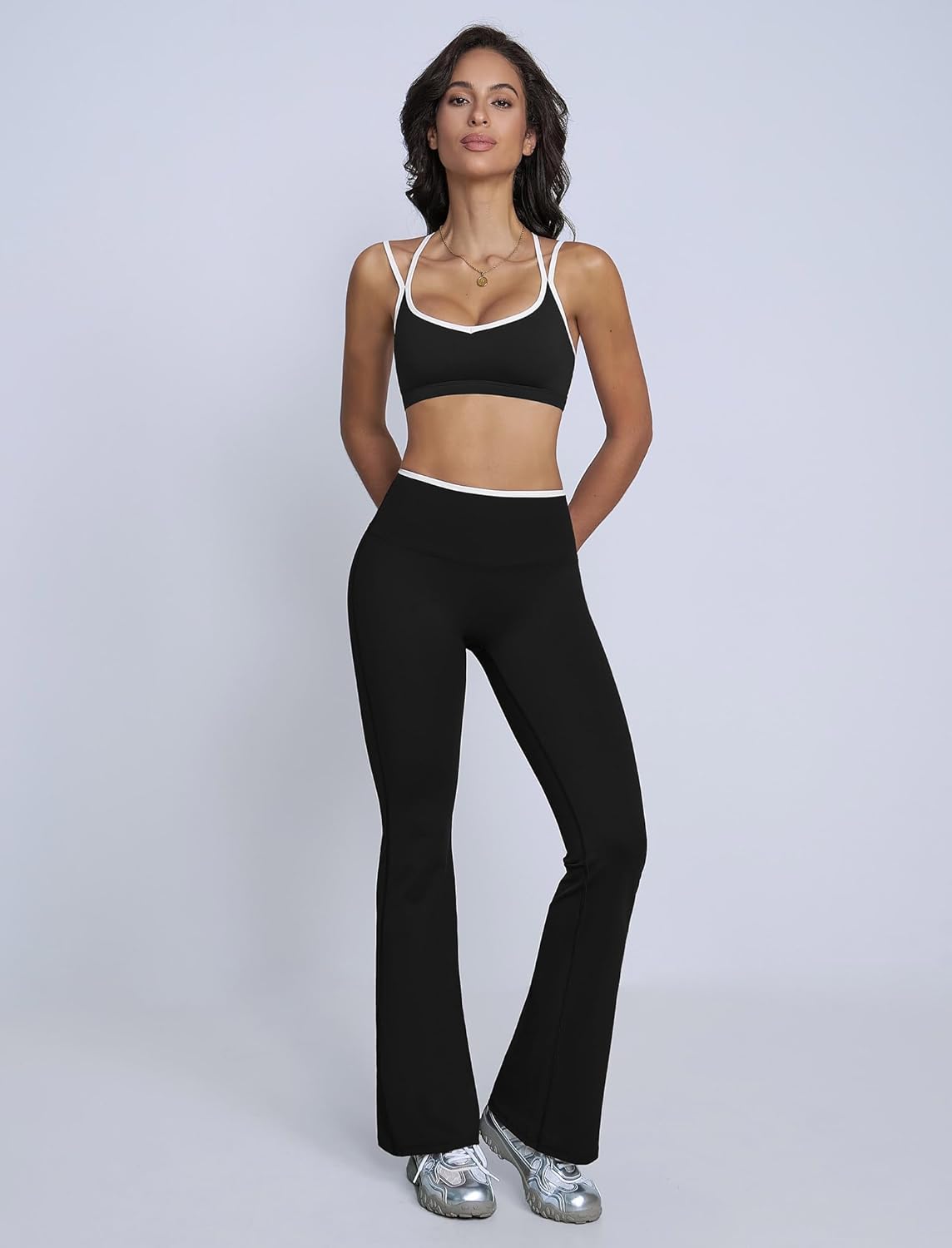 ABOCIW Workout Sets for Women 2 Piece Color Block Strappy Sports Bra High Waist Flare Leggings Gym Yoga Pilates Outfits - Image 5