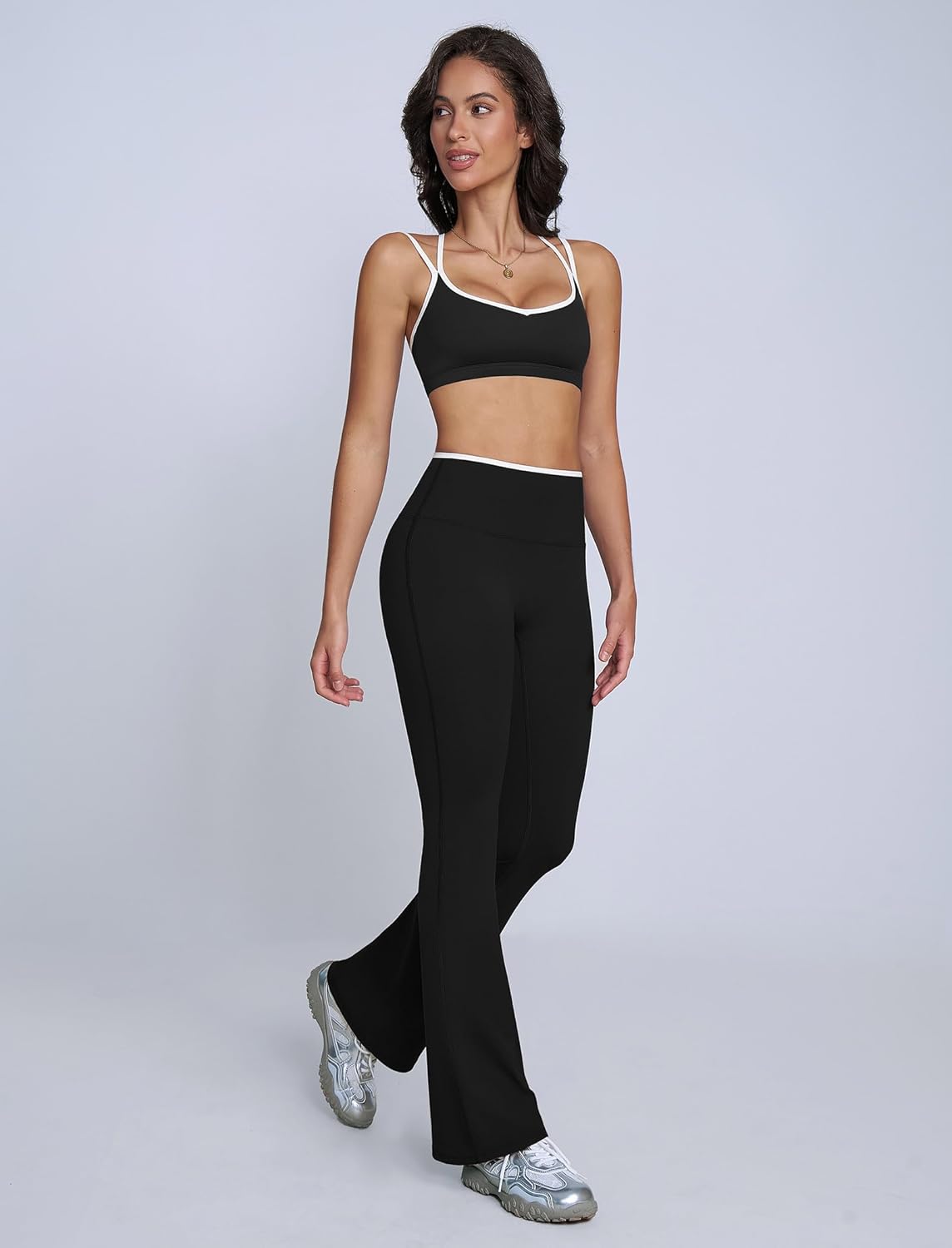 ABOCIW Workout Sets for Women 2 Piece Color Block Strappy Sports Bra High Waist Flare Leggings Gym Yoga Pilates Outfits - Image 4