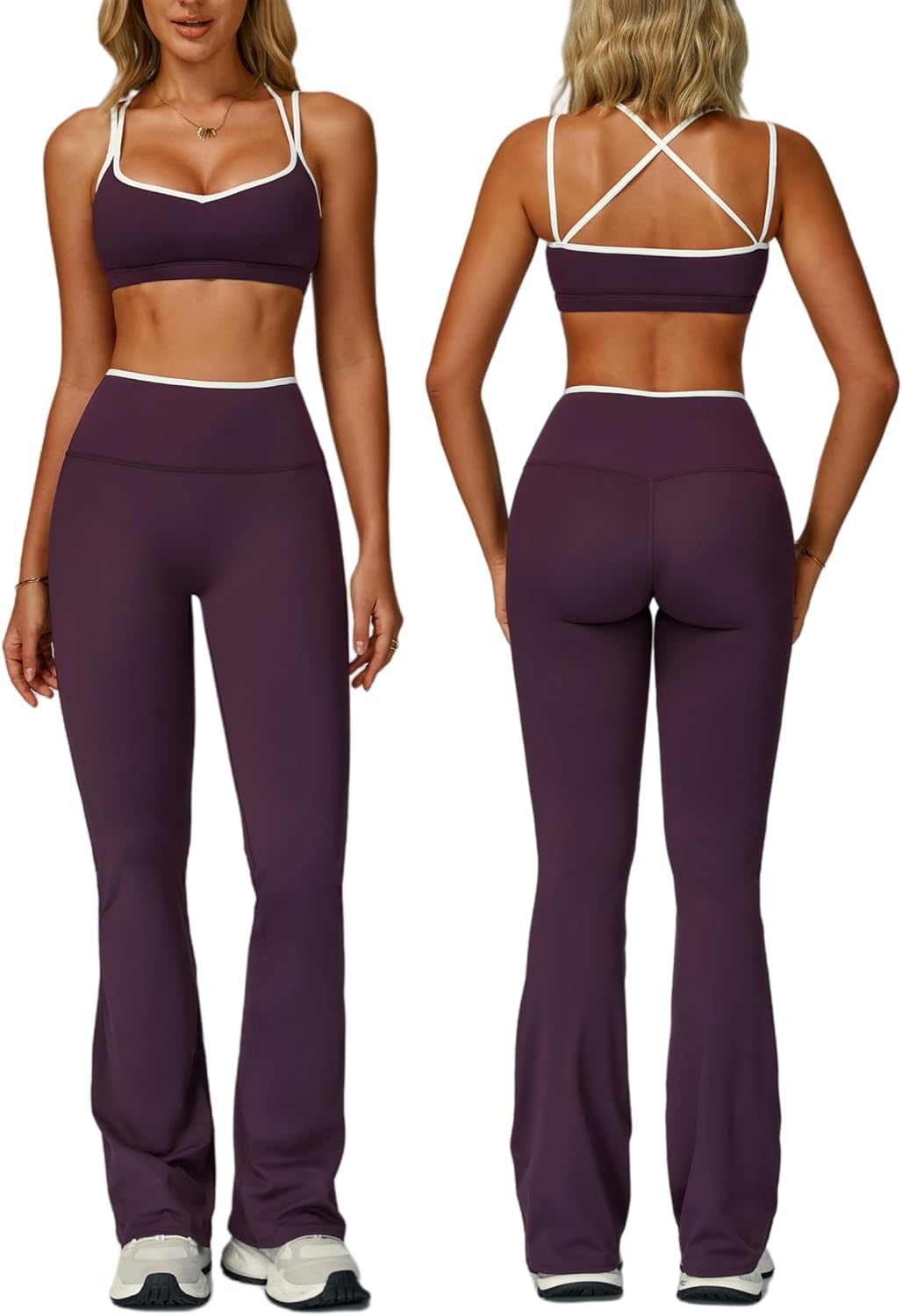 ABOCIW Workout Sets for Women 2 Piece Color Block Strappy Sports Bra High Waist Flare Leggings Gym Yoga Pilates Outfits - Image 6