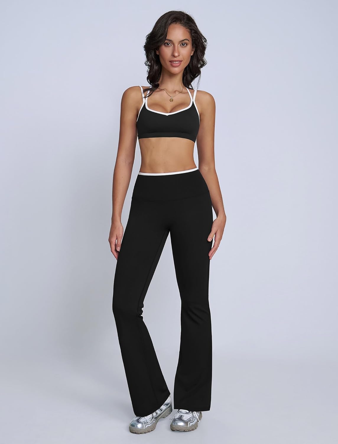 ABOCIW Workout Sets for Women 2 Piece Color Block Strappy Sports Bra High Waist Flare Leggings Gym Yoga Pilates Outfits - Image 3