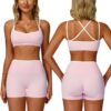 ABOCIW Workout Sets for Women 2 Piece Color Block Strappy Sports Bra High Waist Shorts Gym Yoga Pilates Outfits