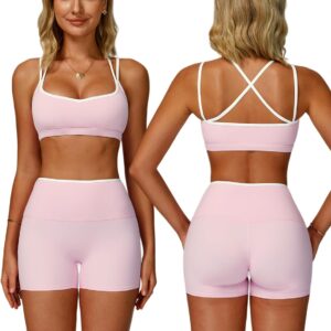 ABOCIW Workout Sets for Women 2 Piece Color Block Strappy Sports Bra High Waist Shorts Gym Yoga Pilates Outfits
