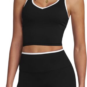 ABOCIW Workout Sets for Women 2 Piece Color Block V Neck Racerback Tank Top Built in Bra High Waist Shorts