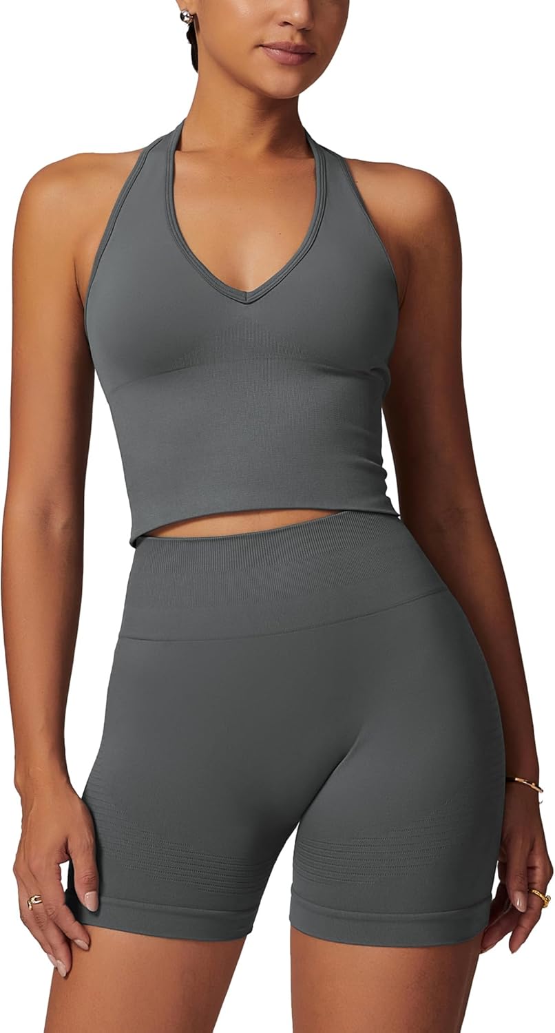 ABOCIW Workout Sets for Women 2 Piece Seamless Halter Cropped Tank Scrunch Butt Lifting High Waist Shorts Gym Sets - Image 10