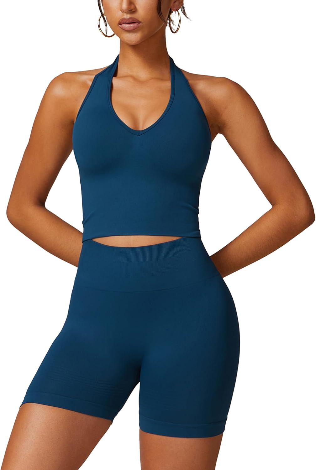 ABOCIW Workout Sets for Women 2 Piece Seamless Halter Cropped Tank Scrunch Butt Lifting High Waist Shorts Gym Sets - Image 11