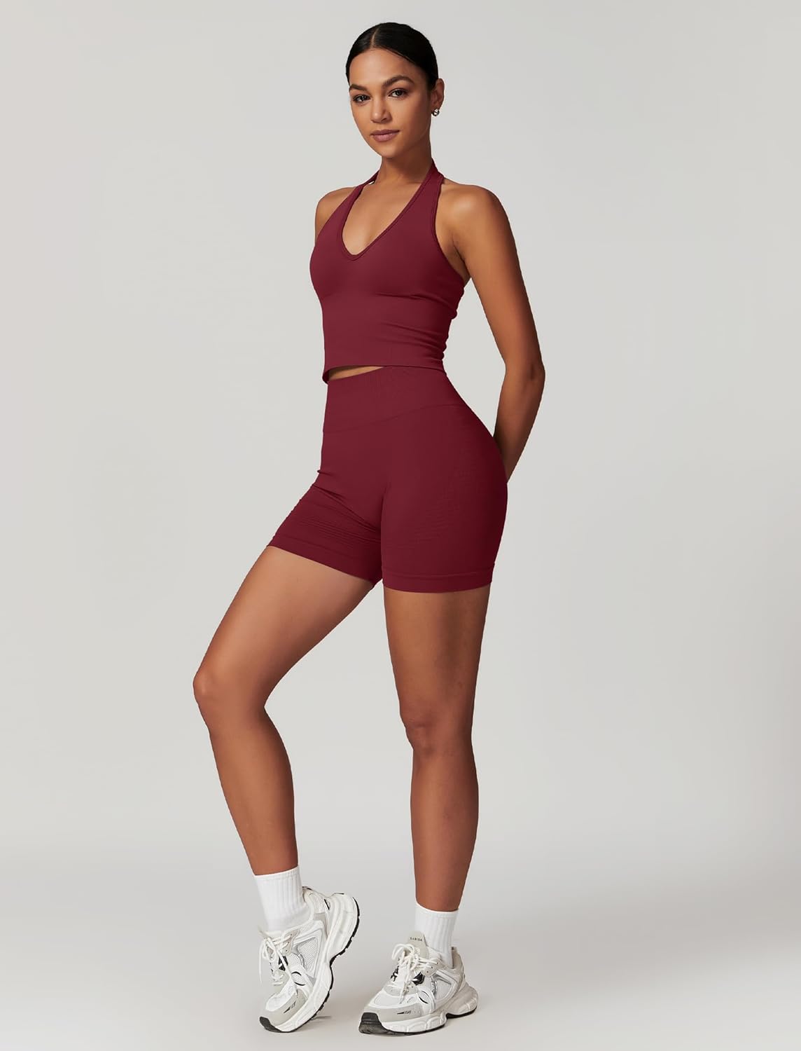 ABOCIW Workout Sets for Women 2 Piece Seamless Halter Cropped Tank Scrunch Butt Lifting High Waist Shorts Gym Sets - Image 5