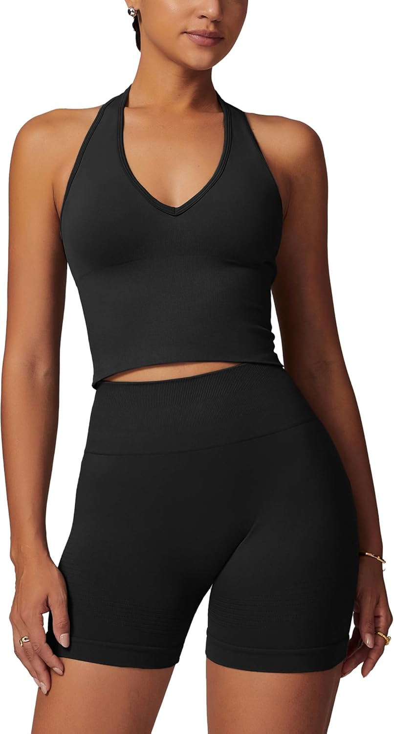 ABOCIW Workout Sets for Women 2 Piece Seamless Halter Cropped Tank Scrunch Butt Lifting High Waist Shorts Gym Sets - Image 7