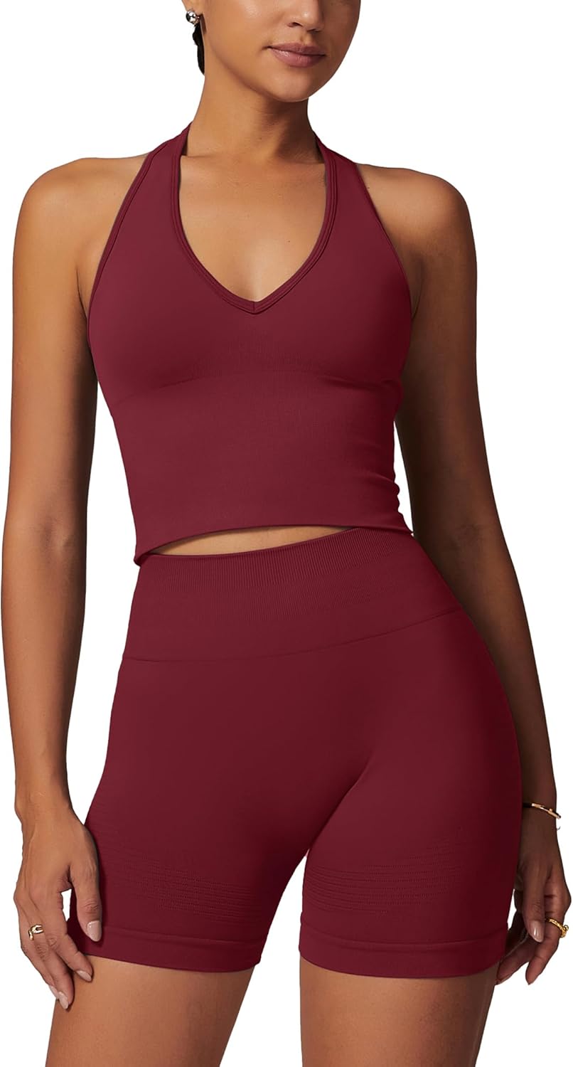 ABOCIW Workout Sets for Women 2 Piece Seamless Halter Cropped Tank Scrunch Butt Lifting High Waist Shorts Gym Sets