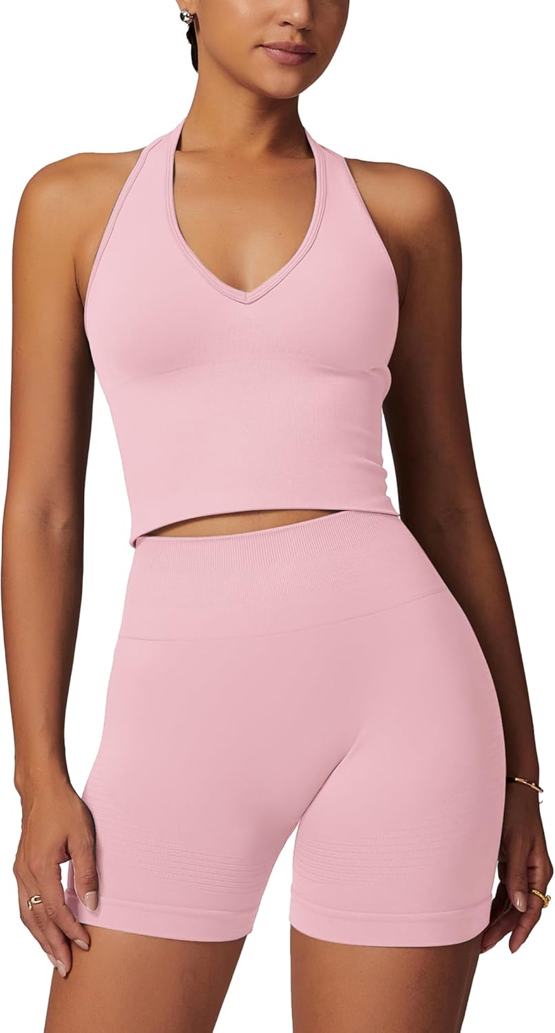 ABOCIW Workout Sets for Women 2 Piece Seamless Halter Cropped Tank Scrunch Butt Lifting High Waist Shorts Gym Sets - Image 12