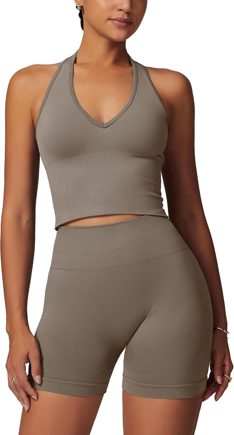 ABOCIW Workout Sets for Women 2 Piece Seamless Halter Cropped Tank Scrunch Butt Lifting High Waist Shorts Gym Sets - Image 8