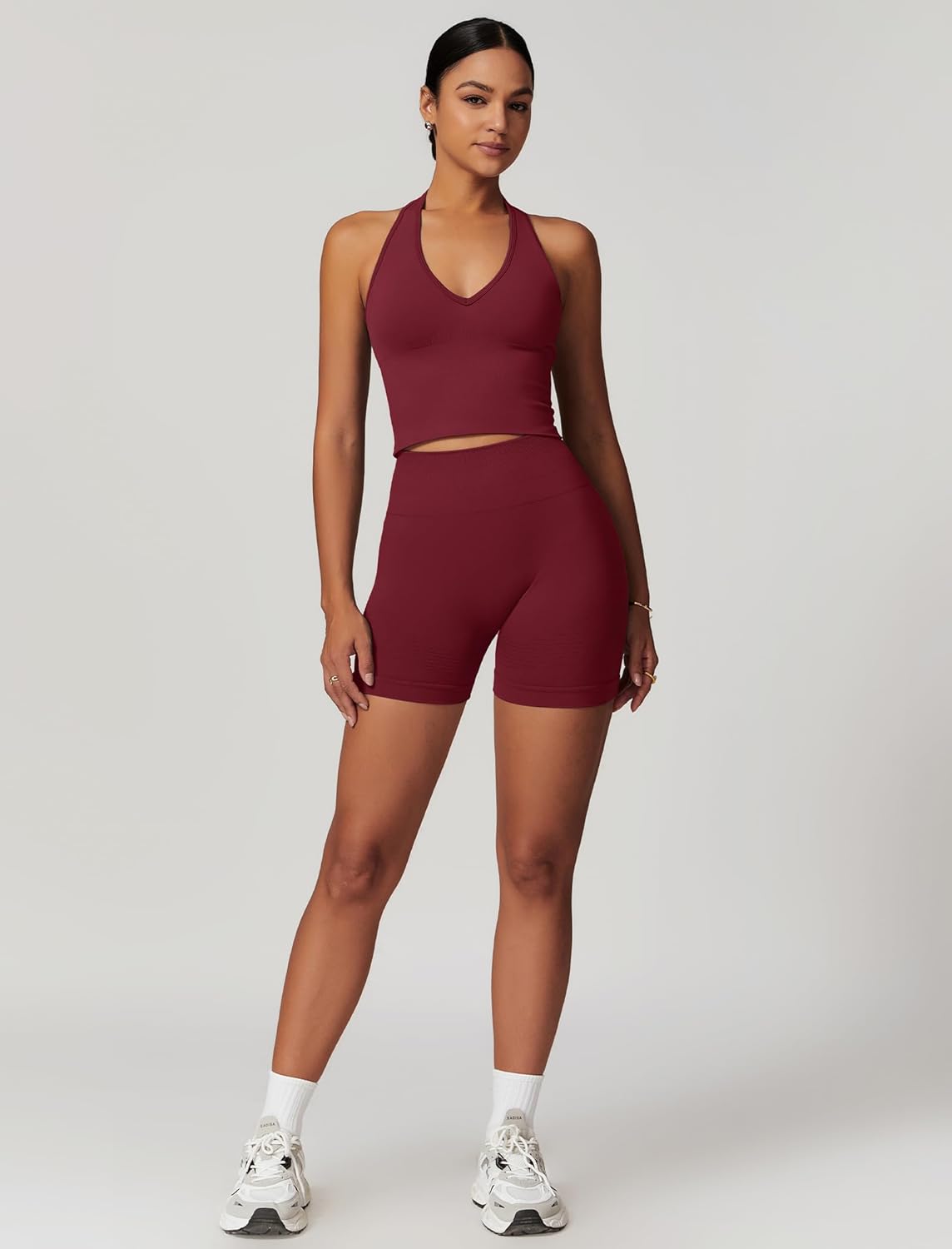 ABOCIW Workout Sets for Women 2 Piece Seamless Halter Cropped Tank Scrunch Butt Lifting High Waist Shorts Gym Sets - Image 4