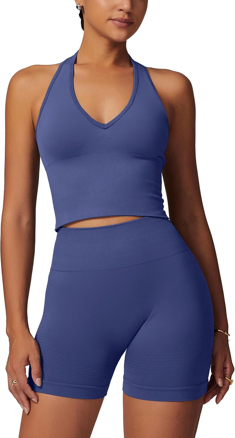 ABOCIW Workout Sets for Women 2 Piece Seamless Halter Cropped Tank Scrunch Butt Lifting High Waist Shorts Gym Sets - Image 9