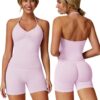 ABOCIW Workout Sets for Women 2 Piece Seamless Impact Longline Strappy Top Scrunch Butt High Waist Biker Shorts Gym Set