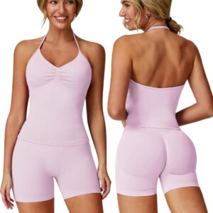 ABOCIW Workout Sets for Women 2 Piece Seamless Impact Longline Strappy Top Scrunch Butt High Waist Biker Shorts Gym Set