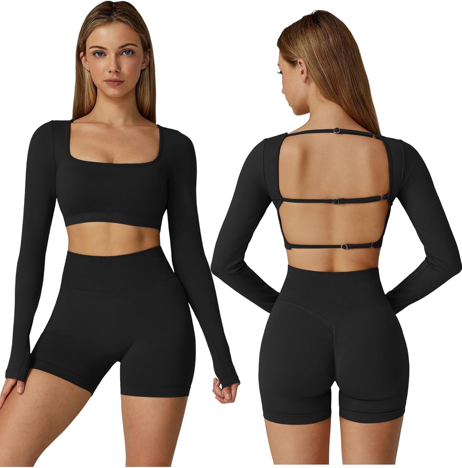 ABOCIW Workout Sets for Women 2 Piece Seamless Long Sleeve Crop Top Scrunch Butt High Waisted Shorts Gym Sets - Image 9
